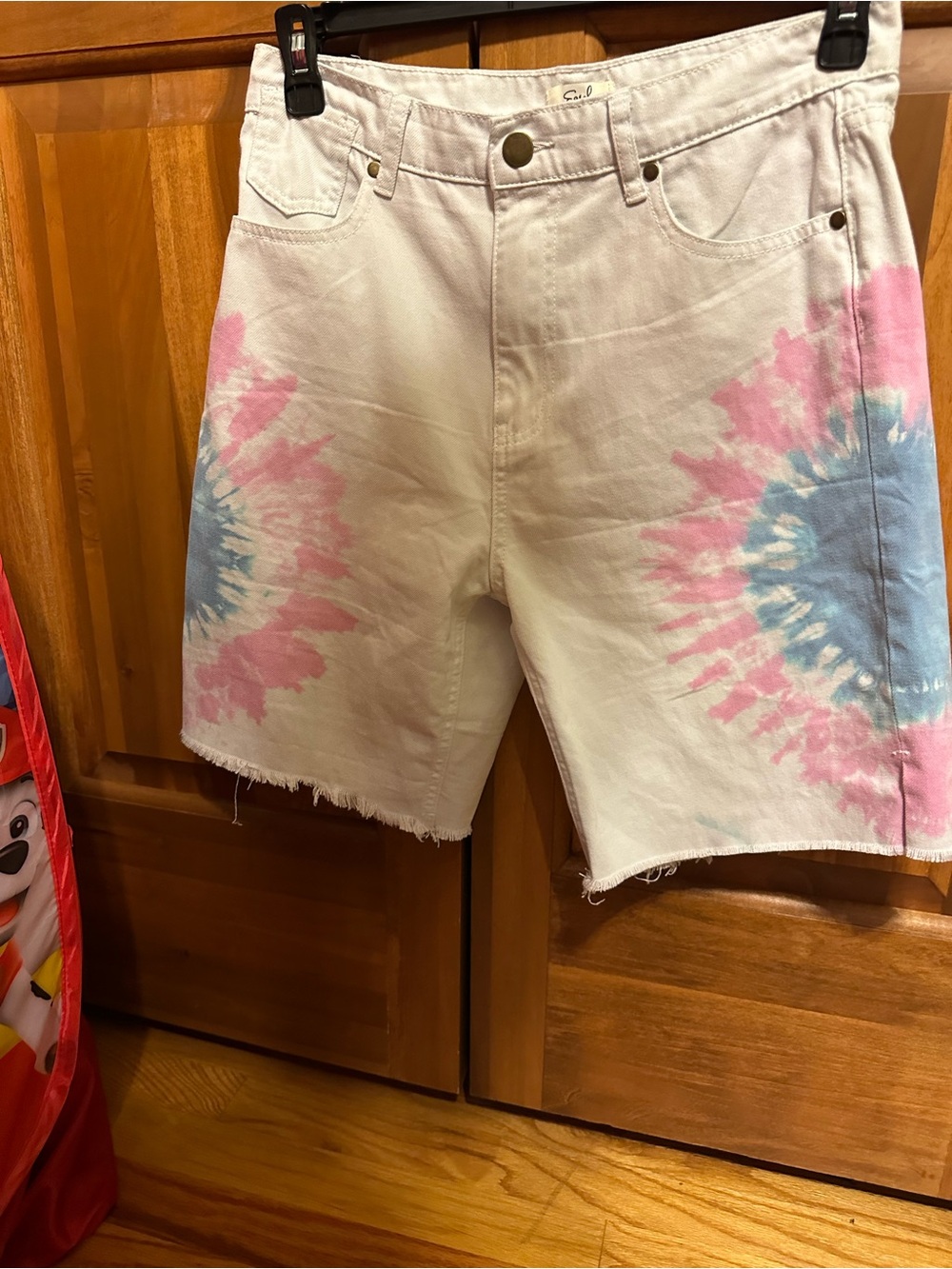 White Tie-Dye Denim Shorts with Pink & Blue Accents